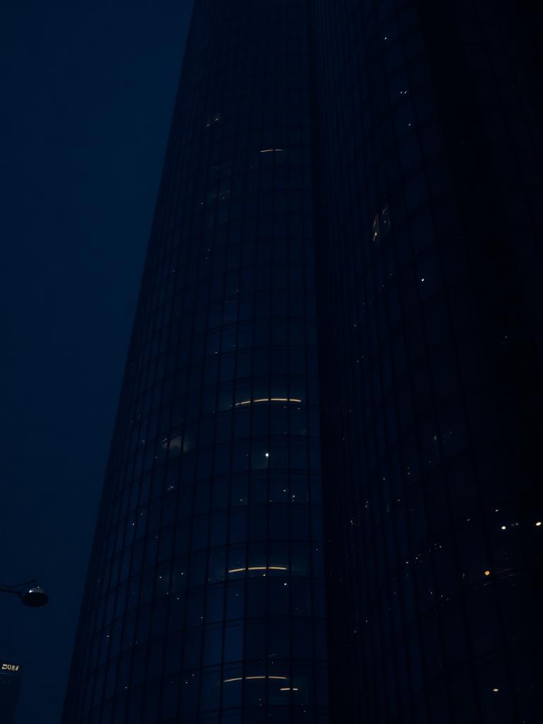 Modern glass tower at dusk